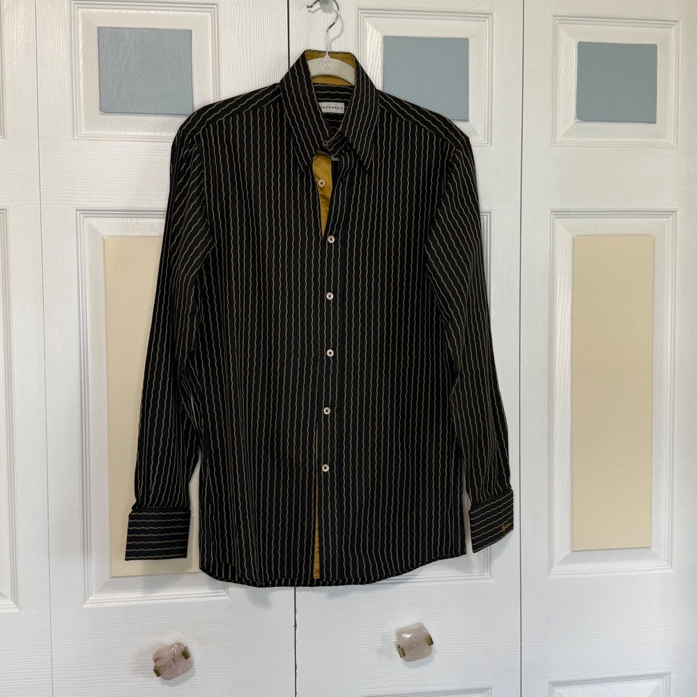 Bachrach Mens Cyrus Black Gold Wavy Pinstripe Long Sleeve Button Down Shirt M